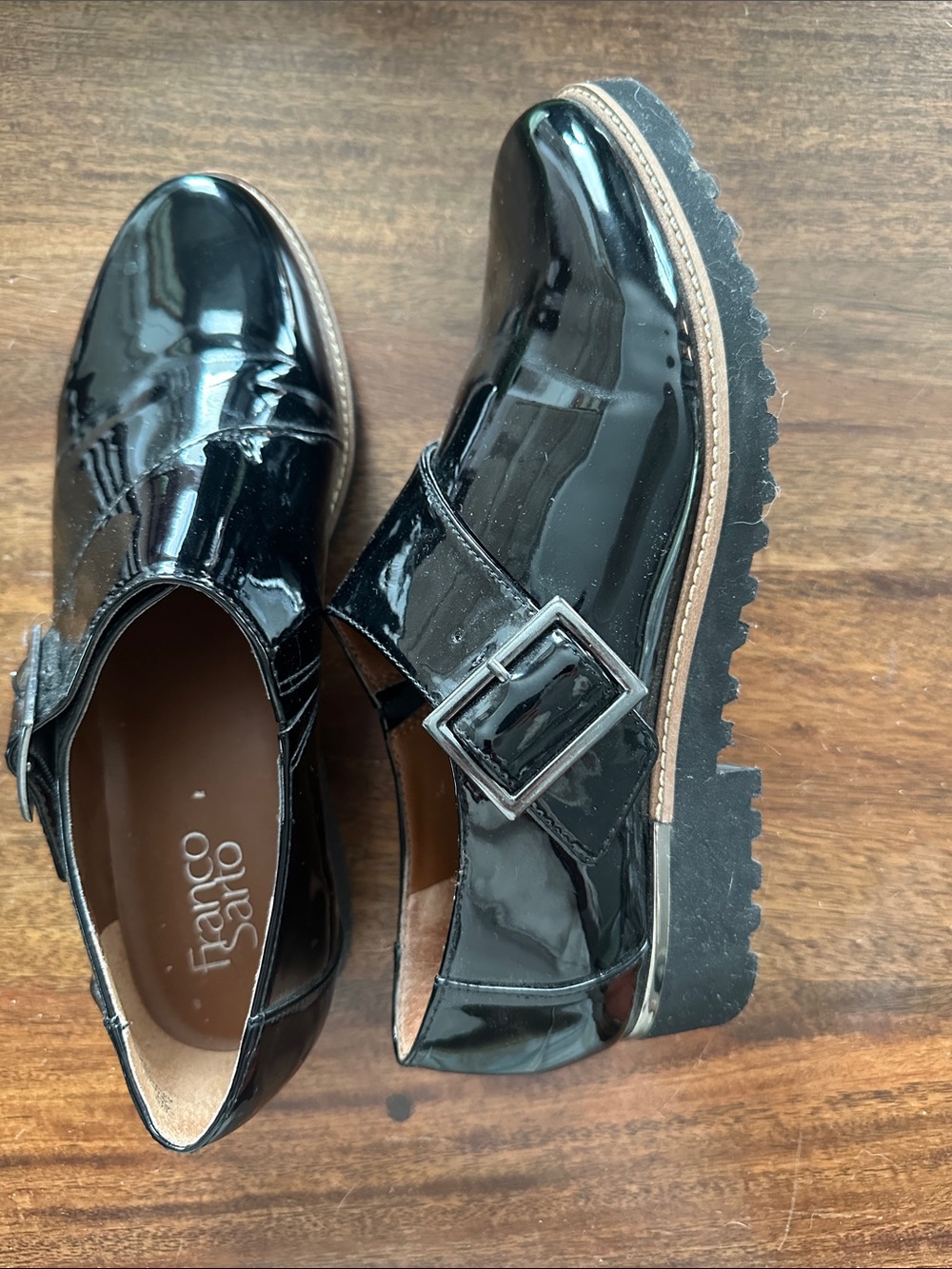 Franco Sarto Black Patent Buckle and Strap Loafers with Lug Sole